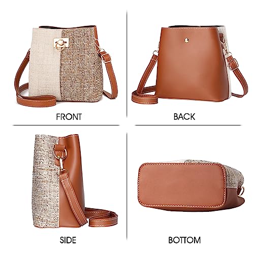 Brown PU Leather Crossbody Bucket Bag for Women