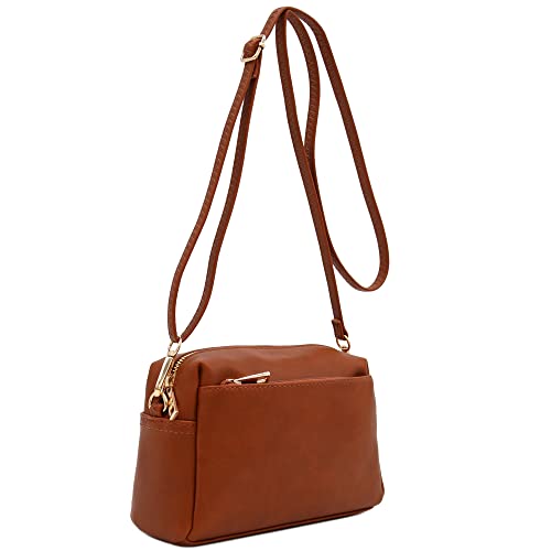 Small Triple Zip Crossbody Bag in Saddle Brown