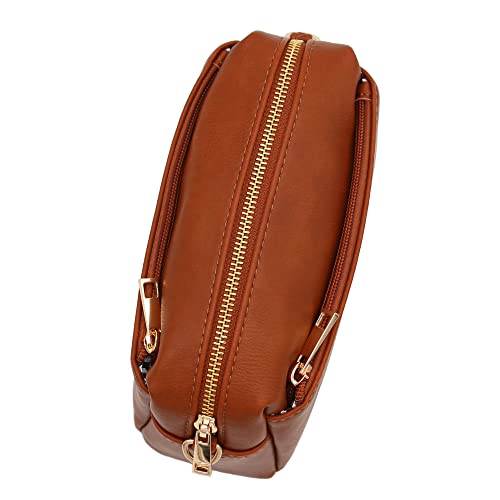 Small Triple Zip Crossbody Bag in Saddle Brown