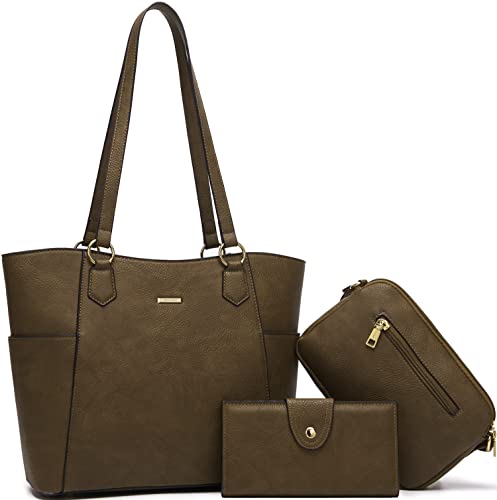 Dark Khaki Tote Handbag and Wallet Set