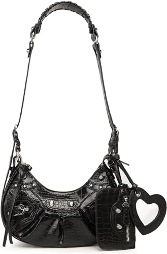 Rivet Shoulder Bag with Crocodile Effect - Black
