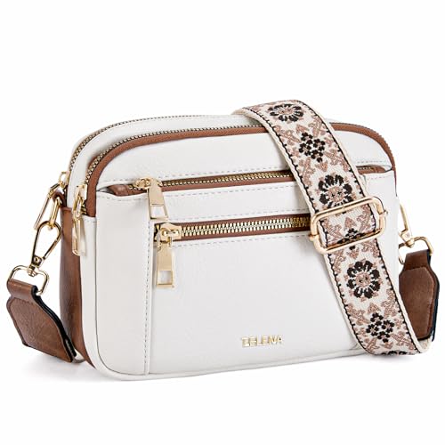 Telena Small Crossbody Purse: Trendy Vegan Leather Beige/Brown