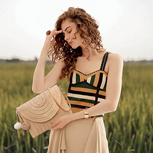 Brown Woven Straw Shoulder Bag for Women