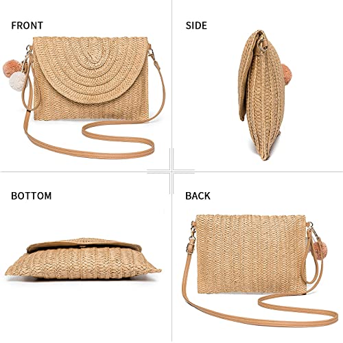 Brown Woven Straw Shoulder Bag for Women