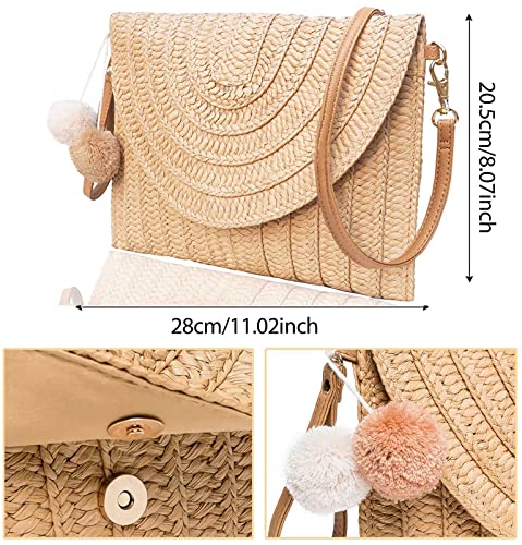 Brown Woven Straw Shoulder Bag for Women