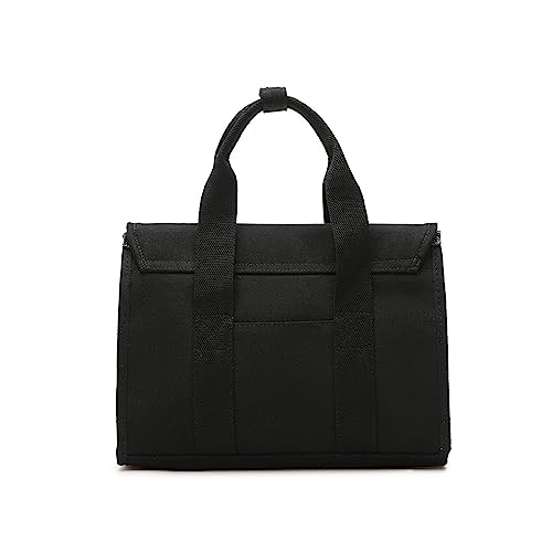 Black canvas flap satchel tote with top handle