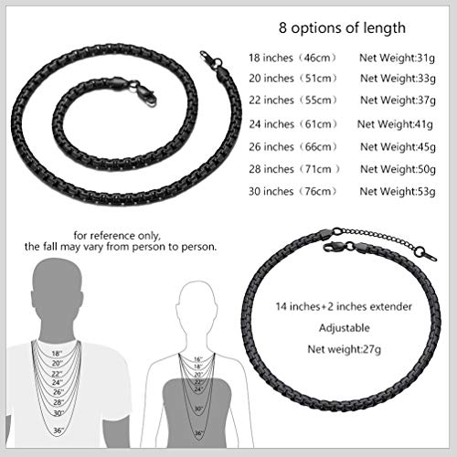 PROSTEEL 6mm Black Box Chain Necklace 20inch