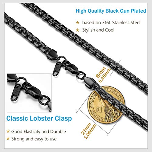 PROSTEEL 6mm Black Box Chain Necklace 20inch