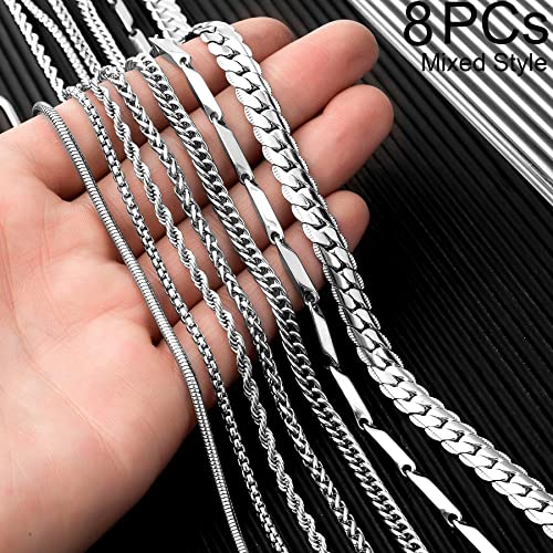 8PCs Stainless Steel Chain Necklace Set for Men Women