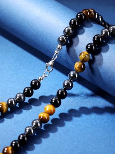 Men's Healing Crystal Black Obsidian Tiger Eye Necklace