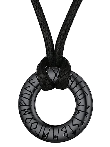 Black stainless steel Viking Rune Leather Necklace