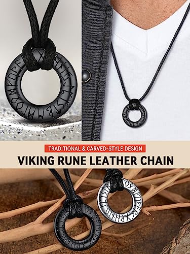 Black stainless steel Viking Rune Leather Necklace