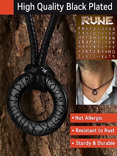 Black stainless steel Viking Rune Leather Necklace