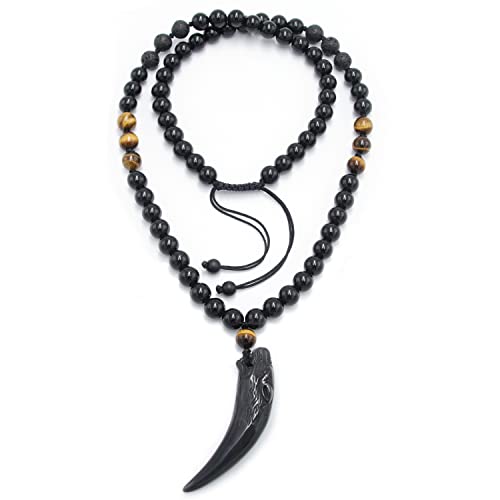GENASTO Black Obsidian Wolf Tooth & Tiger Eye Necklace