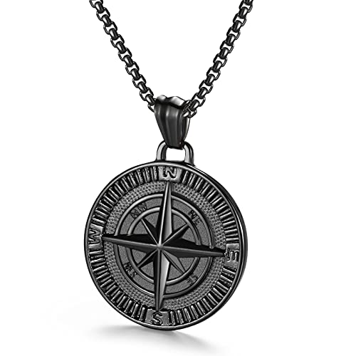 Men's Black Stainless Steel Compass Pendant Necklace