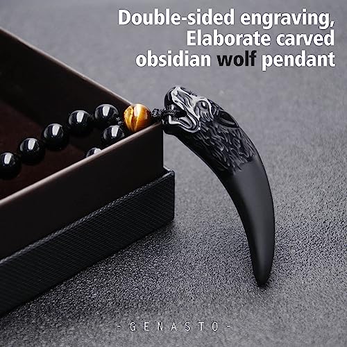 GENASTO Black Obsidian Wolf Tooth & Tiger Eye Necklace