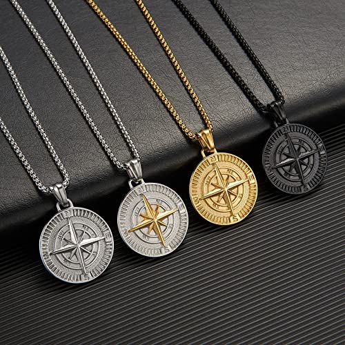 Men's Black Stainless Steel Compass Pendant Necklace