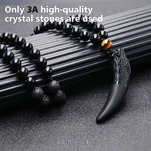 GENASTO Black Obsidian Wolf Tooth & Tiger Eye Necklace
