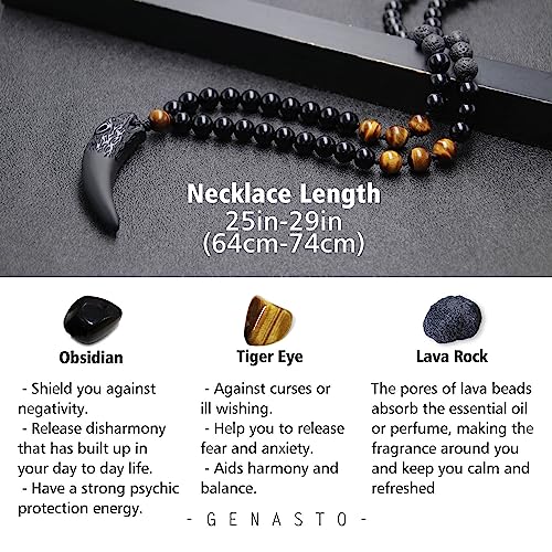 GENASTO Black Obsidian Wolf Tooth & Tiger Eye Necklace