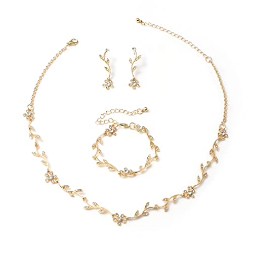 Gold Rhinestone Bridal Jewelry Set with Earrings & Bracelet