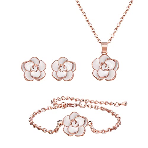 Rose Flower Jewelry Set: Necklace, Earrings, Bracelet - Hypoallergenic
