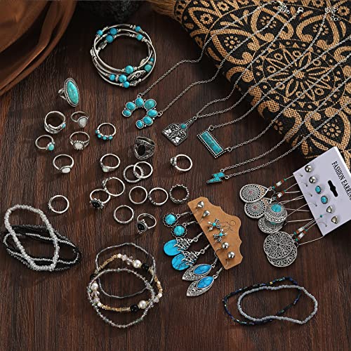 47PCS Silver Bohemian Jewelry Set with Turquoise Accents