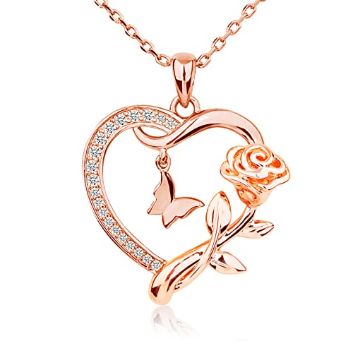 Butterfly Rose Pendant Necklace in 925 Sterling Silver
