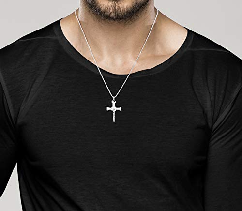 Italian Nail Cross Pendant Necklace in Rhodium/Sterling Silver