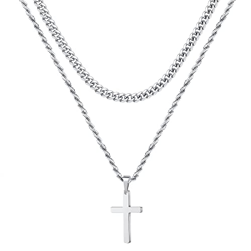 Mens Silver Cross Pendant Necklace- Layered Rope Chain