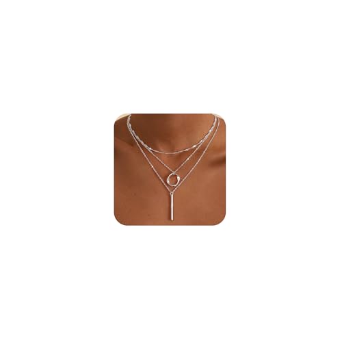 Trendy Layered Silver Circle Pendant Necklace Set