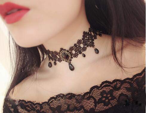 Kercisbeauty Gothic Black Lace Crystal Choker