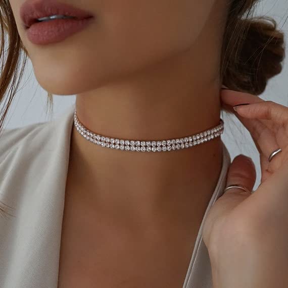 EFTOM Silver Rhinestone Double Row Choker Necklace