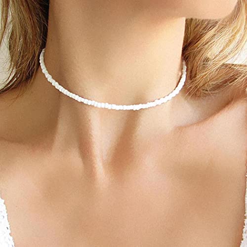 Boho White Seed Bead Choker Necklace for Women