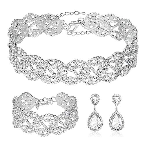 Rhinestone Choker, Bracelet, and Earrings Set