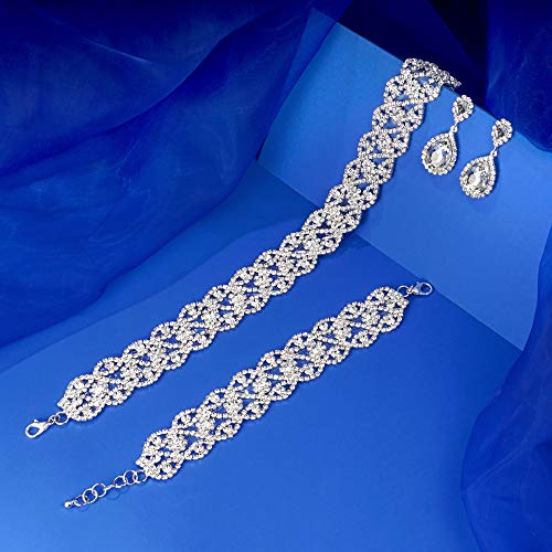 Rhinestone Choker, Bracelet, and Earrings Set