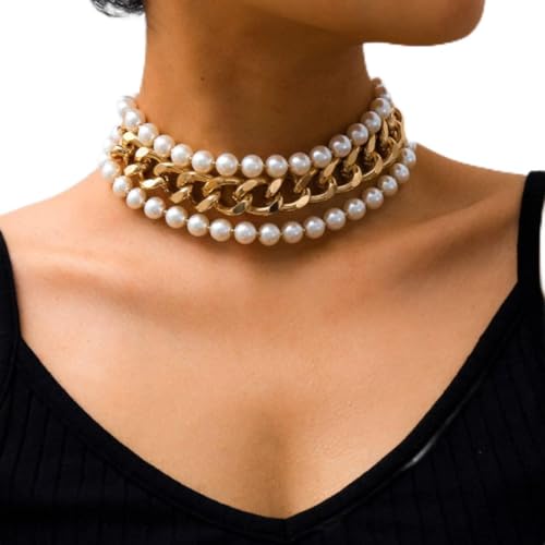 Gold Layered Pearl Choker Necklace for Women
