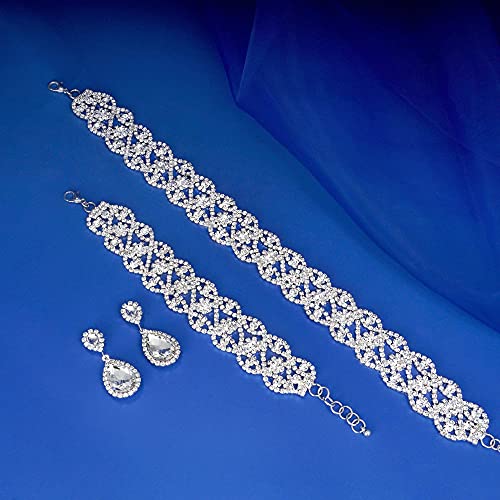 Rhinestone Choker, Bracelet, and Earrings Set