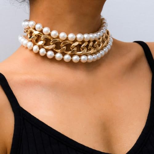Gold Layered Pearl Choker Necklace for Women
