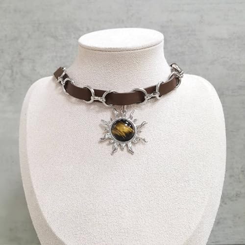 Adjustable Tiger Eye Sun Pendant Necklace for Women