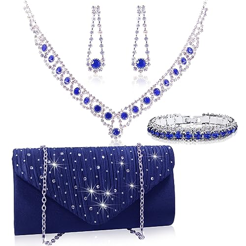 Blue Rhinestone Jewelry Set for Women - 4 Pieces
