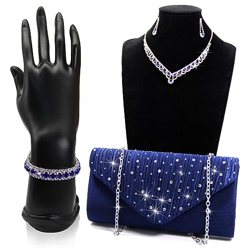 Blue Rhinestone Jewelry Set for Women - 4 Pieces
