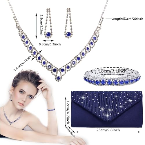 Blue Rhinestone Jewelry Set for Women - 4 Pieces