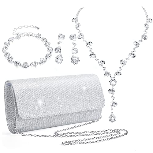 Elegant Silver Rhinestone Clutch Purse Jewelry Set