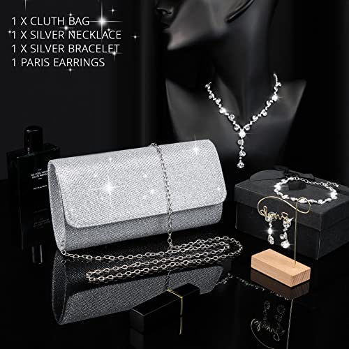 Elegant Silver Rhinestone Clutch Purse Jewelry Set