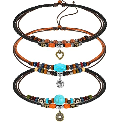 Vintage Leather and Wood Bead Choker Necklace Set