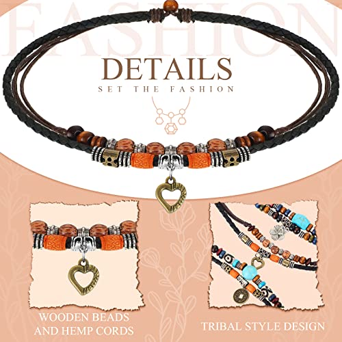Vintage Leather and Wood Bead Choker Necklace Set