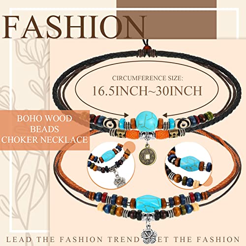 Vintage Leather and Wood Bead Choker Necklace Set