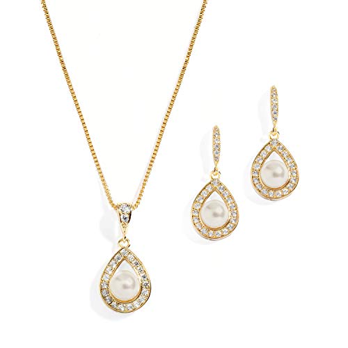 Gold Pearl Necklace and Drop Earrings Set