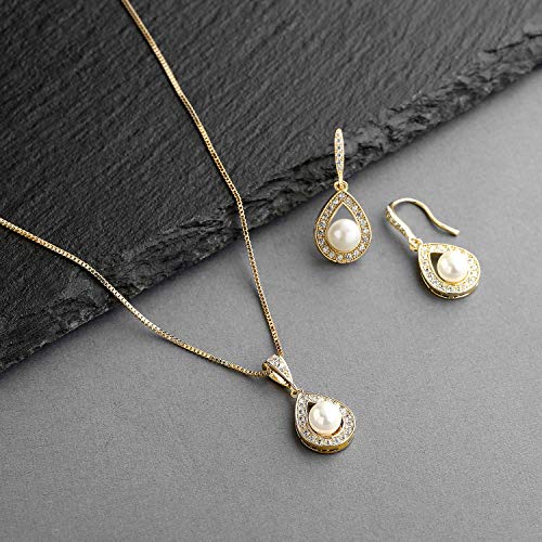 Gold Pearl Necklace and Drop Earrings Set