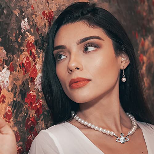 Saturn Rhinestone and Pearl Necklace Set